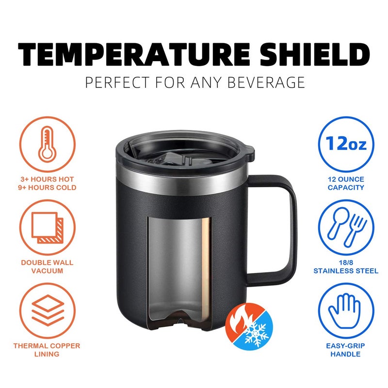 ALOUFEA 12oz Stainless Steel Insulated Coffee Mug with Handle, Double Wall Vacuum Travel Mug, Tumbler Cup with Sliding Lid, Black - Image 4